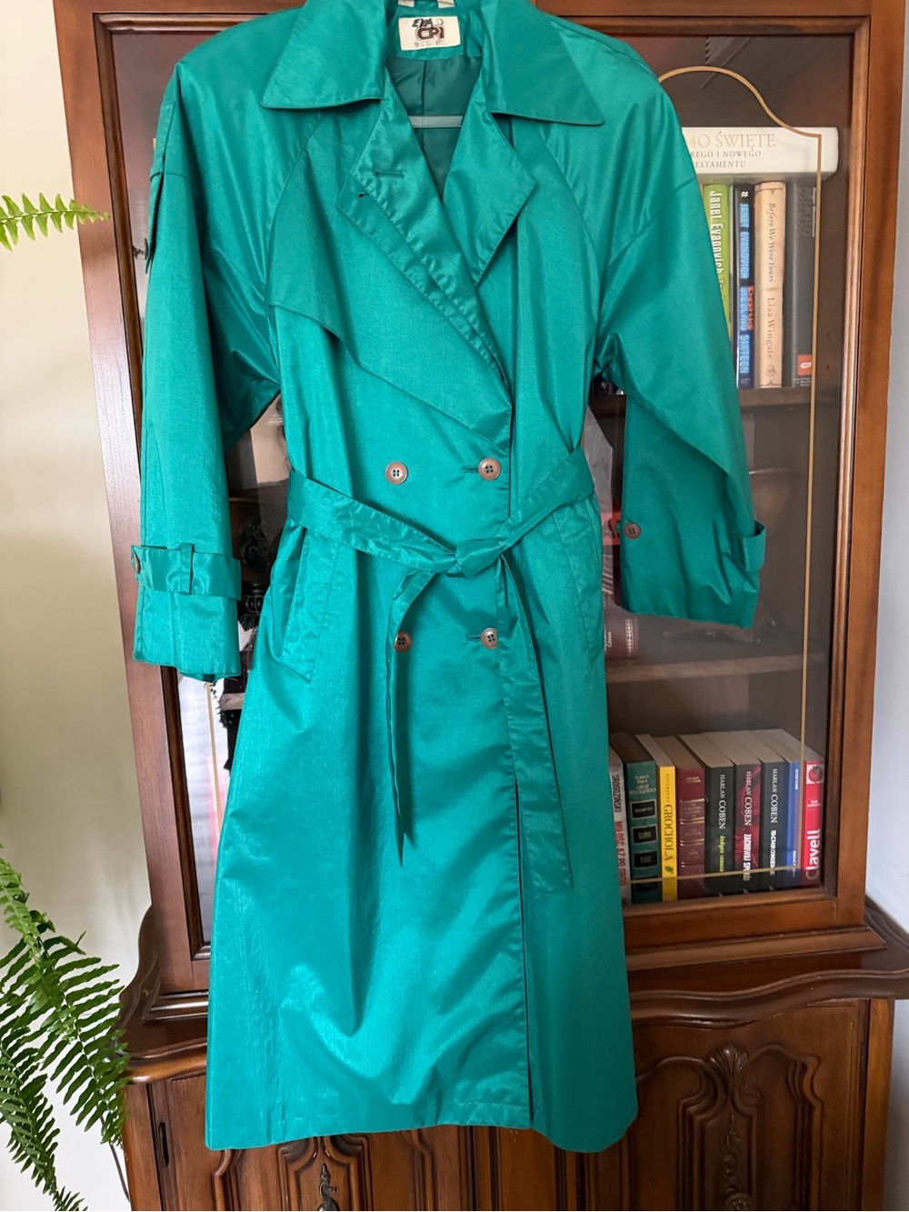 Emerald Green Double-Breasted Rain Trench Coat with Self-Tie Belt